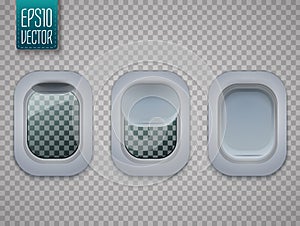 Set of Aircraft windows. Plane portholes isolated on transparent background. Vector.