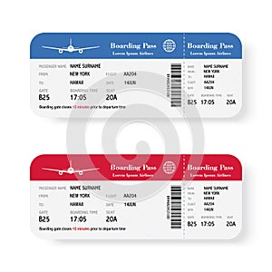 Set of the airline boarding pass tickets with shadow. Isolated on white background. Vector illustration.