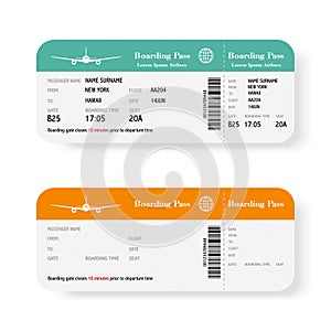 Set of the airline boarding pass tickets with shadow. Isolated on white background. Vector illustration.