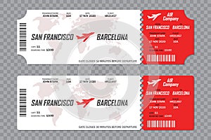 Set of airline boarding pass tickets on a transparent background