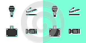 Set Airline ticket, Hot air balloon, Suitcase and Plane takeoff icon. Vector