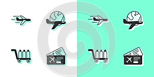 Set Airline ticket, Plane, Trolley baggage and Globe with flying plane icon. Vector