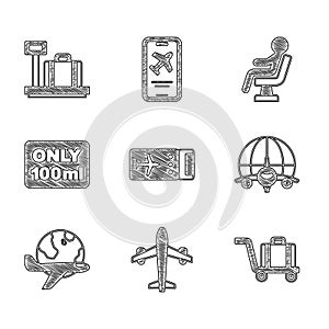 Set Airline ticket, Plane, Trolley baggage, Globe with flying plane, Liquids carry-on, Human waiting airport terminal