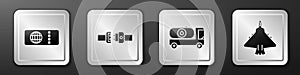Set Airline ticket, Safety belt, Fuel tanker truck and Jet fighter icon. Silver square button. Vector