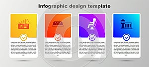 Set Airline ticket, Taxi car roof, Human waiting airport terminal and Airport control tower. Business infographic