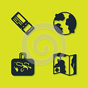 Set Airline ticket, World travel map, Suitcase and Worldwide icon. Vector