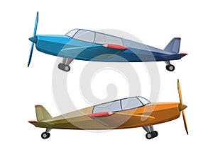 Set of airplane in cartoon style isolated on white background. Agricultural propeller plane. Vector illustration