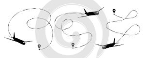 Set of airplane dotted line on white background. Vector airplane route. Tourist route line