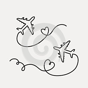 Set Airplane Line Path, Airplane Heart Outline Icon, Vector illustration