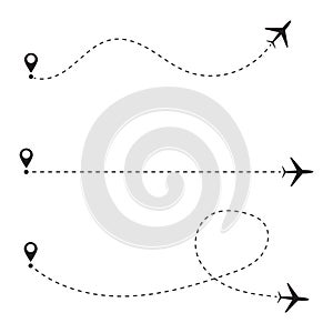 Set of airplane line path. Vector illustration