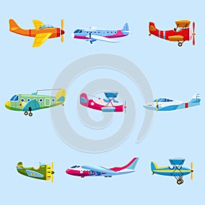 Set of airplanes aircraft different colour. Retro, personal, cargo, speed, biplane, monoplane. Vector isolated cartoon photo