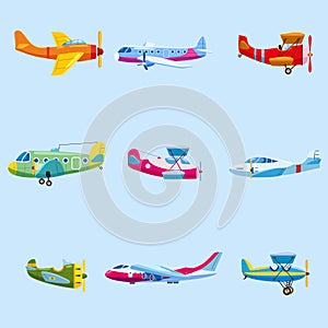 Set of airplanes aircraft different colour. Retro, personal, cargo, speed, biplane, monoplane. Vector isolated cartoon