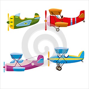 Set of airplanes aircraft different colour. Retro, personal, speed, biplane, monoplane. Vector isolated cartoon style