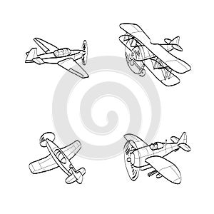Set of airplanes hand-drawn. The contours of the aircraft in Doodle style on white background.