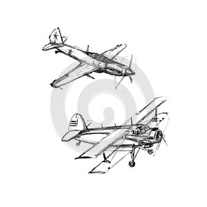 Set of airplanes on a white background. Hand drawn pencil illustrations. Black and white