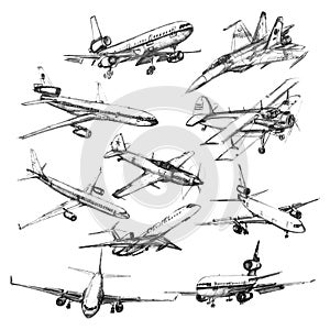 Set of airplanes on a white background. Hand drawn pencil illustrations. Black and white