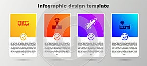 Set Airport bus, Pilot, Rocket and control tower. Business infographic template. Vector