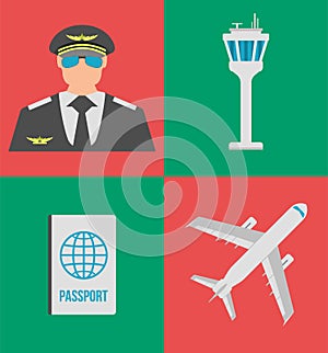 Set of airport flat icons, signs and symbol. Vector Illustration