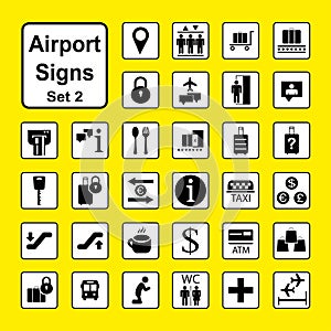 Set of Airport icons or Signs,black and white pictograms isolate