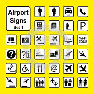 Set of Airport icons or Signs,black and white pictograms isolate