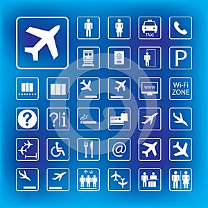 Set of Airport icons or Signs ,white pictograms isolated on blue