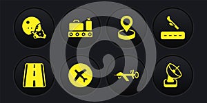 Set Airport runway, Plane landing, UAV Drone, Location, Conveyor belt with suitcase, Radar and Modern pilot helmet icon