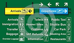 Set of airport signs with logo and direction which is often used around airport terminal. photo