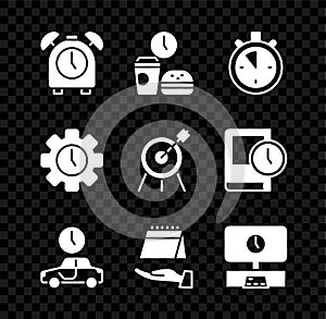 Set Alarm clock, Fast food time, Stopwatch, Time travel, Calendar, Smart Tv, Management and Target sport icon. Vector