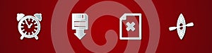 Set Alarm clock, Floppy disk backup, Delete file document and Kayak and paddle icon. Vector