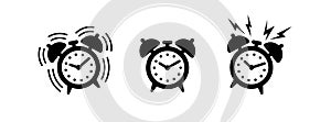 Set of alarm clocks. Wake up illustration. Time. Black and white vector icon, shape, label, symbol or pictogram. Set of