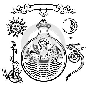 Set of alchemical symbols. Child in a test tube, the homunculus, chemical reaction. Angel. Life origin.