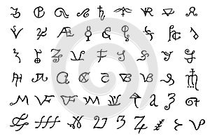 A set of alchemical symbols isolated on white. Hand drawn elemen