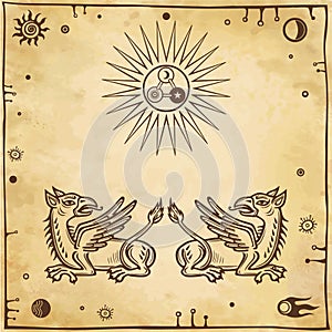 Set of alchemical symbols. Mythical dragons protect an alchemical star.
