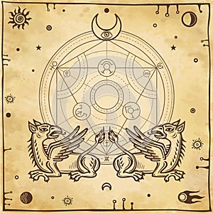Set of alchemical symbols. Mythical dragons protect a mysterious alchemical circle. photo