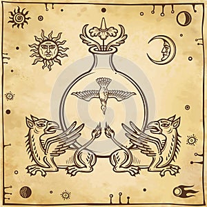 Set of alchemical symbols. Mythical dragons protect a test tube with a bird.