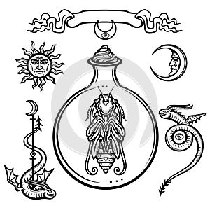 Set of alchemical symbols. Origin of life. Mystical entity in a test tube. Religion, mysticism, occultism, sorcery.