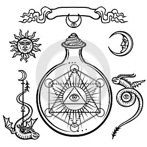Set of alchemical symbols. A providence eye in a flask, chemical reaction. Sacred geometry.
