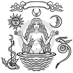 Set of alchemical symbols: young beautiful woman holds sun and moon in hand. Eve`s image, fertility, temptation.