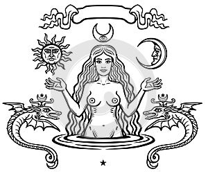 Set of alchemical symbols: young beautiful woman holds sun and moon in hand. Eve`s image, fertility, temptation.