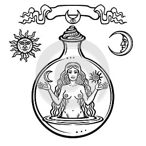 Set of alchemical symbols: young beautiful woman holds sun and moon in hand. Eve`s image, fertility, temptation.