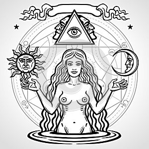 Set of alchemical symbols: young beautiful woman holds sun and moon in hand. Eve`s image, fertility, temptation.