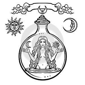 Set of alchemical symbols: young beautiful woman holds sun and moon in hand. Eve`s image, fertility, temptation.