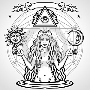 Set of alchemical symbols: young beautiful woman holds sun and moon in hand. photo