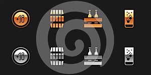 Set Alcohol 18 plus, Wooden barrel, Pack of beer bottles and Effervescent tablets in water icon. Vector