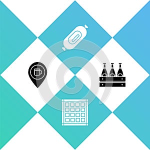 Set Alcohol or beer bar location, Checkered napkin, Salami sausage and Pack of bottles icon. Vector