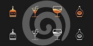 Set Alcohol drink Rum bottle, Cocktail, Wine glass and Bottle of cognac or brandy icon. Vector