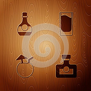 Set Alcohol drink Rum, Bottle of cognac or brandy, Coconut cocktail and Shot glass on wooden background. Vector