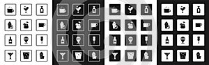 Set Alcohol drink Rum, Cocktail, shaker, Coffee cup, Glass champagne and Whiskey bottle icon. Vector