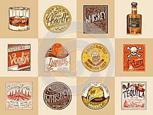 Set of Alcohol Labels. Vintage American badge with calligraphic elements. Rum Whiskey Beer. Hand drawn engraved