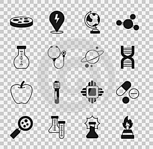 Set Alcohol or spirit burner, Medicine pill tablet, DNA symbol, Earth globe, Stethoscope, Test tube, Petri dish with